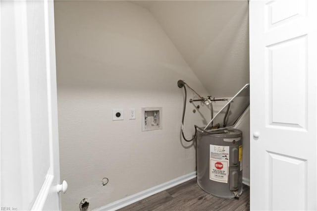 laundry room featuring washer hookup, dark hardwood / wood-style floors, gas dryer hookup, and water heater