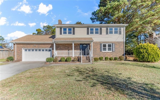 view of front property featuring covered porch, a garage, and a front lawn