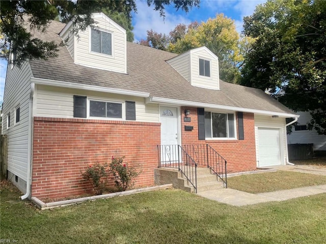 new england style home with a garage and a front lawn