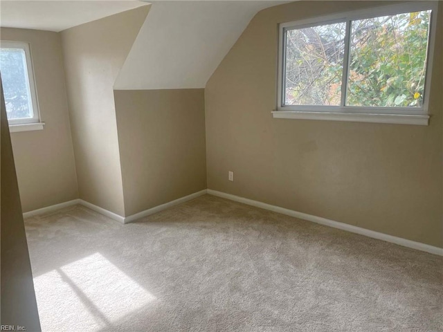 additional living space featuring light carpet and vaulted ceiling