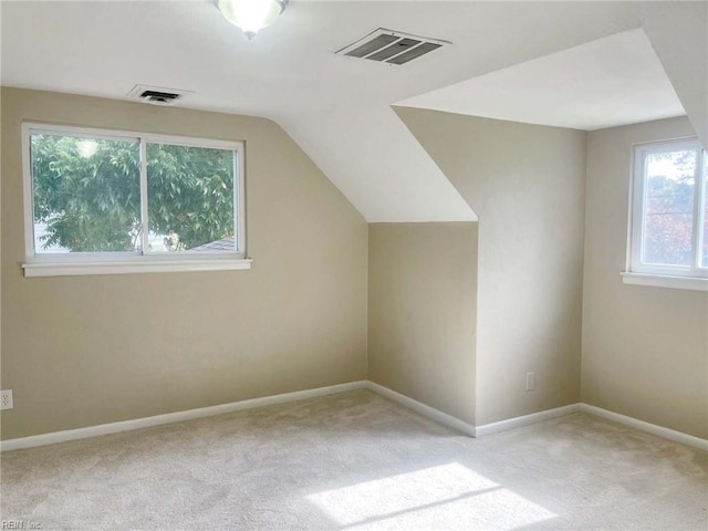 additional living space with light carpet and vaulted ceiling