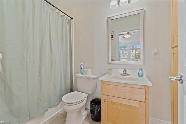 bathroom featuring tile patterned flooring, vanity, toilet, and ceiling fan