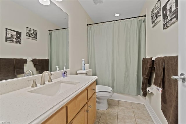 full bathroom with tile patterned flooring, vanity, toilet, and shower / tub combo with curtain