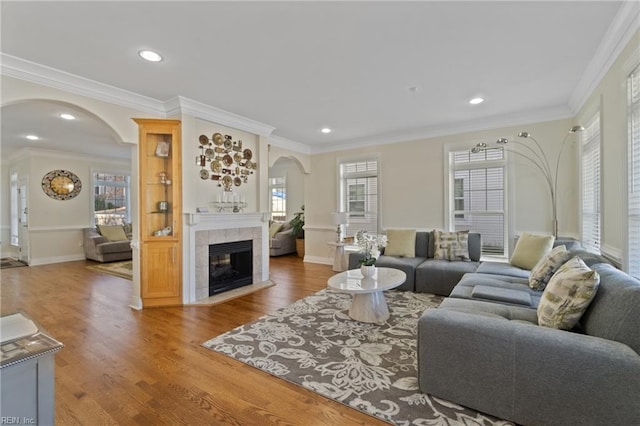 living room with a fireplace, wood-type flooring, and crown molding