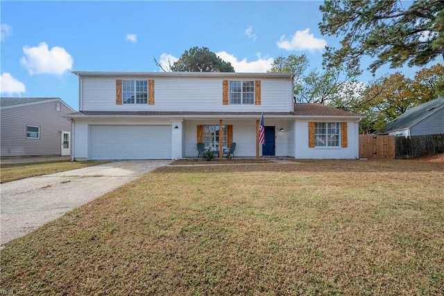 view of front property with a porch, a garage, and a front lawn