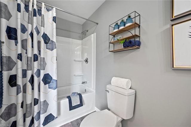 bathroom featuring toilet, shower / tub combo with curtain, and hardwood / wood-style flooring