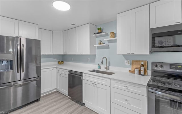 kitchen with white cabinetry, sink, light hardwood / wood-style floors, and appliances with stainless steel finishes