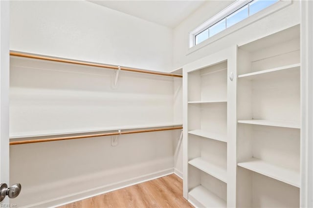 walk in closet with light hardwood / wood-style flooring