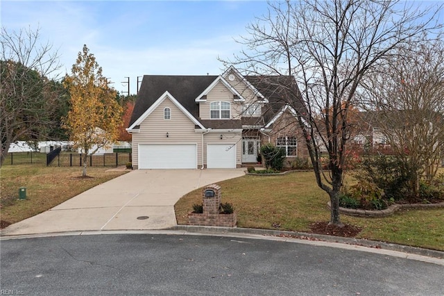 view of front facade featuring a front lawn and a garage