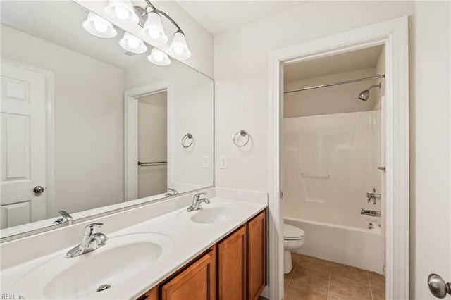 full bathroom featuring tile patterned floors, vanity, toilet, and shower / bath combination