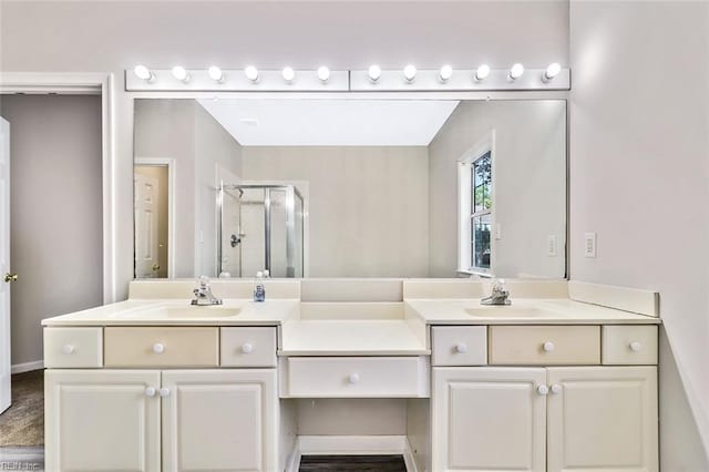 bathroom with hardwood / wood-style flooring, vanity, an enclosed shower, and lofted ceiling