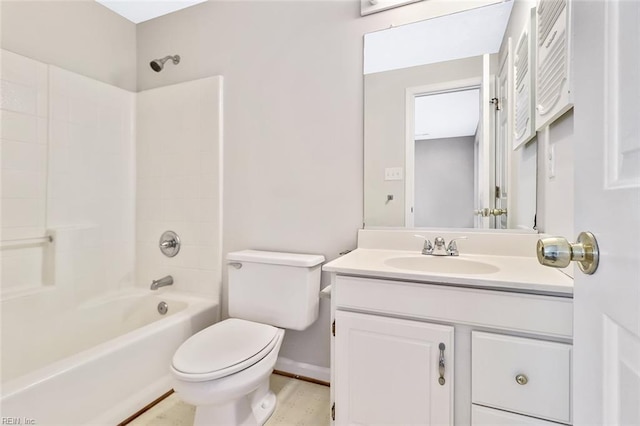 full bathroom with toilet, vanity, and bathing tub / shower combination