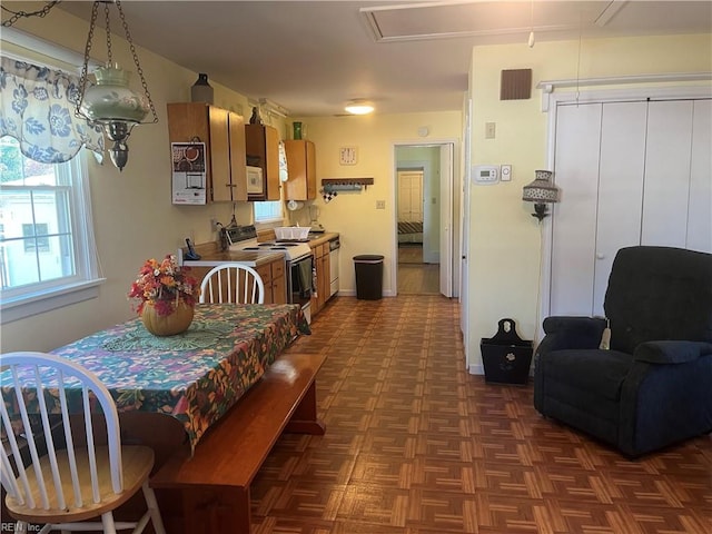 dining room with dark parquet floors