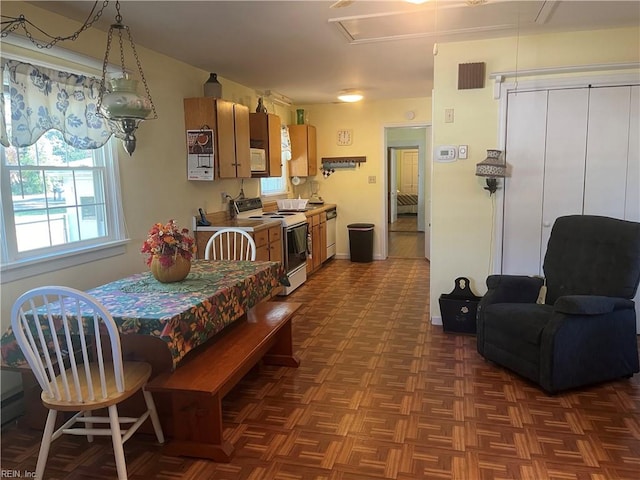 dining room with dark parquet floors