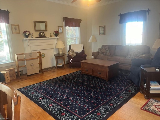 living room featuring a wealth of natural light, wood-type flooring, and ornamental molding