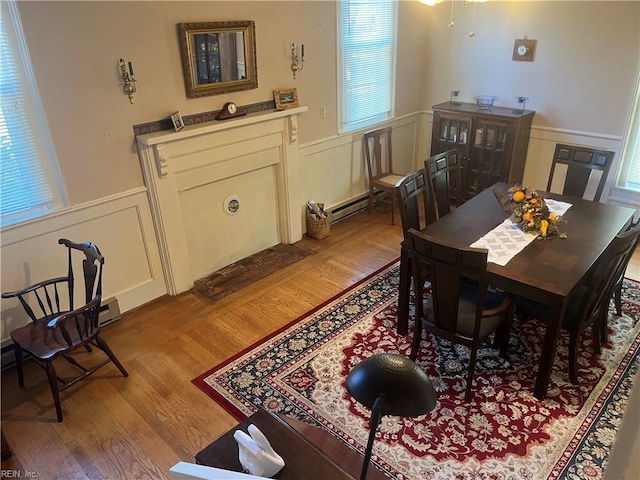 dining area featuring plenty of natural light, light hardwood / wood-style floors, and a baseboard radiator