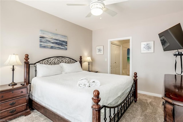 bedroom with light colored carpet and ceiling fan