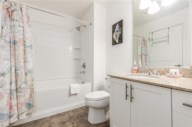 full bathroom featuring tile patterned flooring, vanity, toilet, and shower / tub combo with curtain