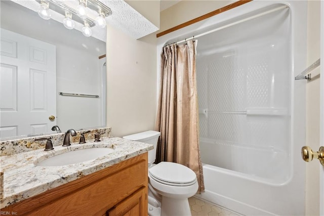 full bathroom featuring shower / bath combination with curtain, vanity, and toilet