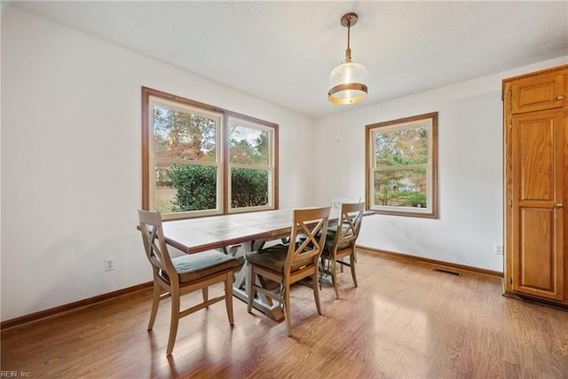 dining space with plenty of natural light and light hardwood / wood-style floors