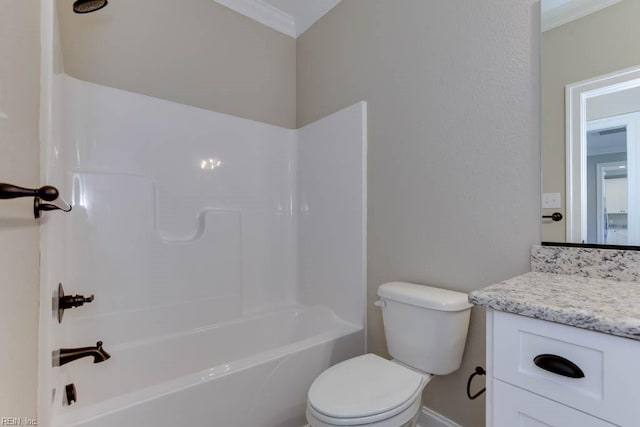 full bathroom featuring vanity, toilet, ornamental molding, and bathtub / shower combination