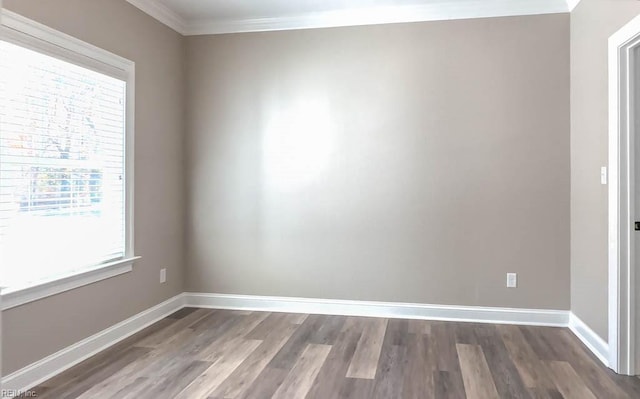 spare room featuring dark hardwood / wood-style floors and ornamental molding