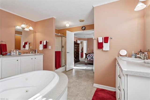 bathroom with vanity, independent shower and bath, a textured ceiling, and ornamental molding