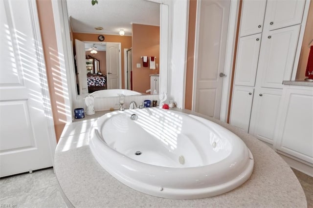 bathroom featuring tile patterned flooring, shower with separate bathtub, and ceiling fan