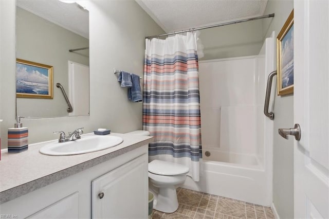 full bathroom with vanity, toilet, a textured ceiling, and shower / tub combo with curtain