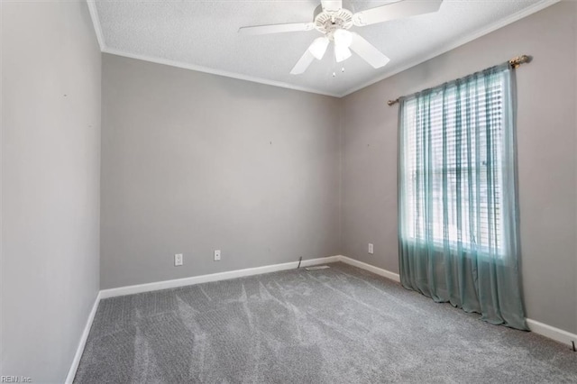 unfurnished room with carpet, ceiling fan, and ornamental molding