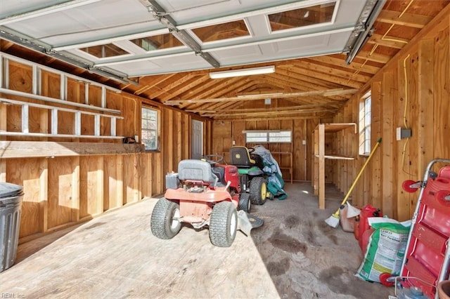 garage with wood walls