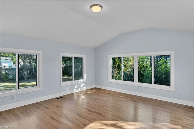 spare room with a healthy amount of sunlight, lofted ceiling, and hardwood / wood-style flooring