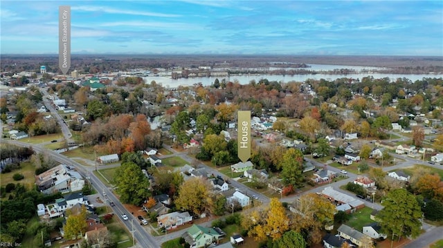 aerial view featuring a water view