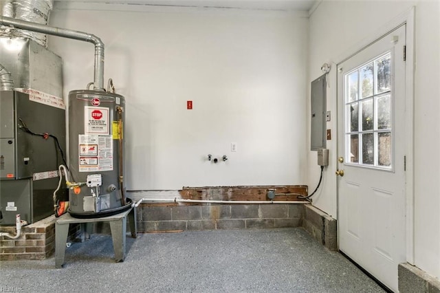 utility room with electric panel, heating unit, and gas water heater