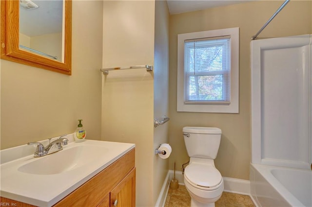 full bathroom with toilet, bathtub / shower combination, vanity, and tile patterned floors