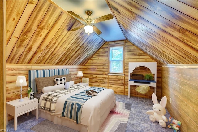 carpeted bedroom with ceiling fan, wooden walls, and lofted ceiling