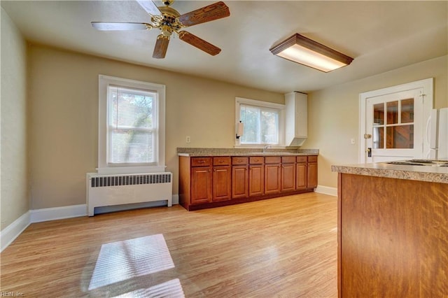 kitchen with light hardwood / wood-style floors, white fridge, a healthy amount of sunlight, and radiator heating unit