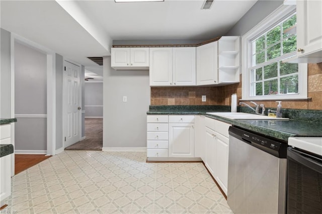 kitchen featuring range with electric cooktop, sink, stainless steel dishwasher, decorative backsplash, and white cabinetry