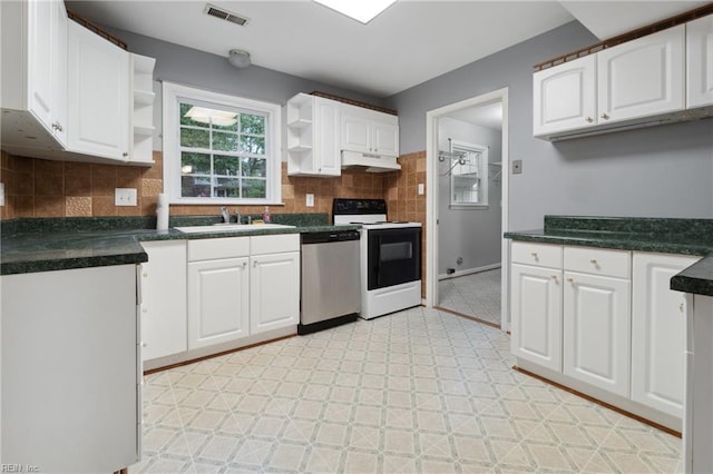 kitchen featuring white cabinets, white electric range oven, dishwasher, and sink