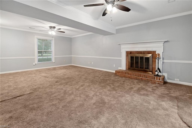 unfurnished living room with carpet, a fireplace, ornamental molding, and ceiling fan