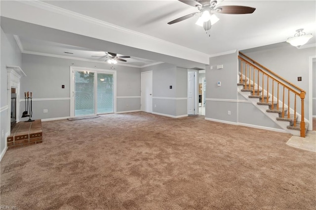 unfurnished living room featuring carpet, ceiling fan, and crown molding