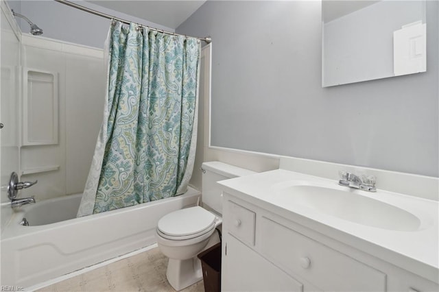 full bathroom featuring vanity, shower / bath combination with curtain, and toilet