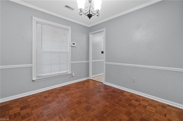 empty room with a notable chandelier, crown molding, and dark parquet floors