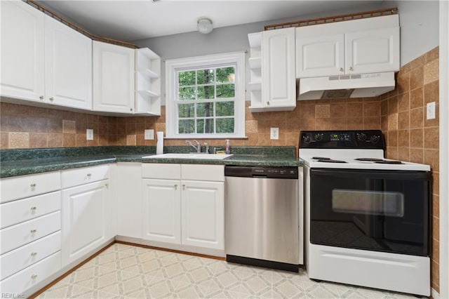 kitchen with white cabinetry, electric range, dishwasher, sink, and decorative backsplash