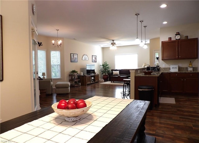 interior space featuring ceiling fan with notable chandelier, plenty of natural light, dark wood-type flooring, and sink