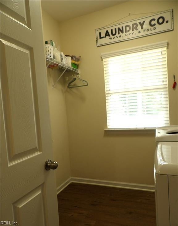 walk in closet featuring dark hardwood / wood-style floors and separate washer and dryer