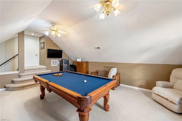 rec room featuring carpet flooring, vaulted ceiling, ceiling fan, and billiards