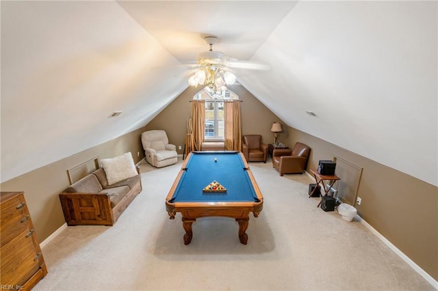 rec room featuring light carpet, ceiling fan, lofted ceiling, and billiards