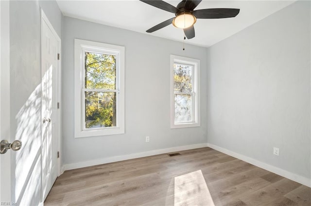 empty room featuring a wealth of natural light, light hardwood / wood-style flooring, and ceiling fan