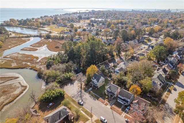 drone / aerial view featuring a water view